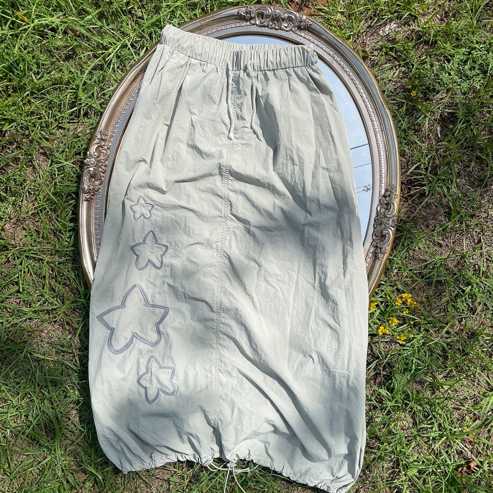 Vintage Maxi Skirt Drawstring Size L Flower Detail Khaki With Pockets